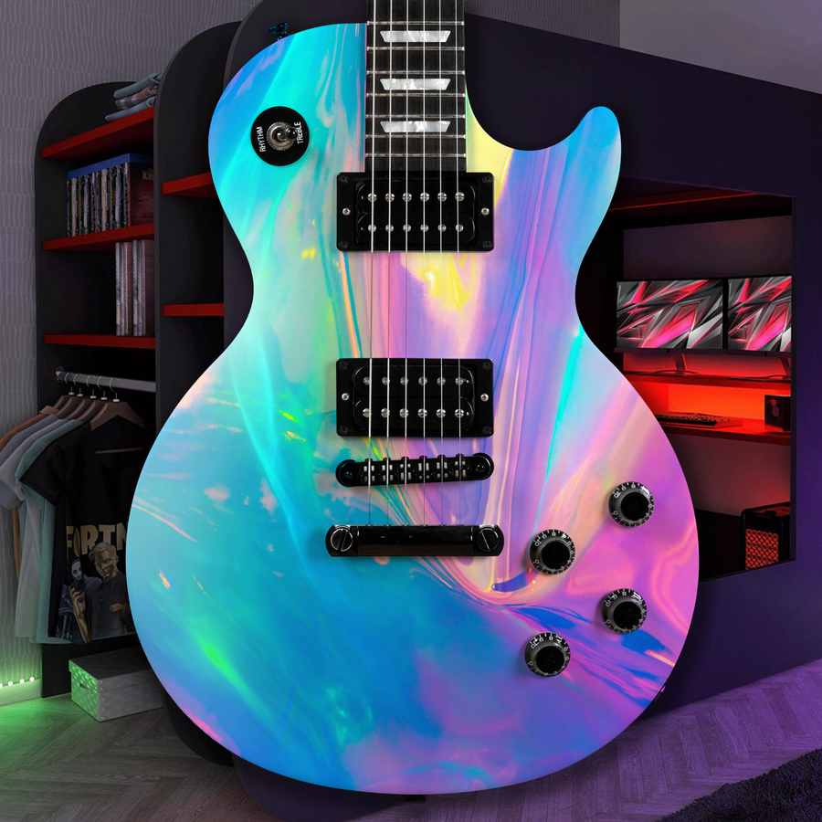Colorful electric guitar with a vibrant, multicolored, holographic finish in a room setting.