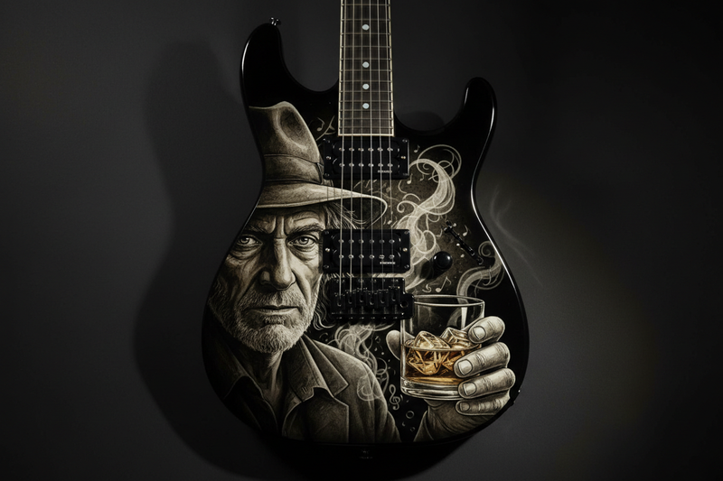 the likeness of the person and a lifestyle image should be on the guitar body iteself